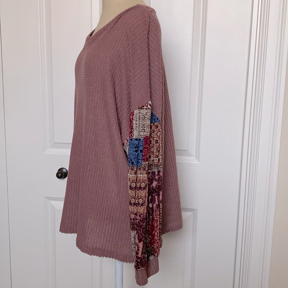 Umgee waffle knit patchwork sleeves top blouse Womens L Oversized cozy Bohemian - Picture 3 of 12